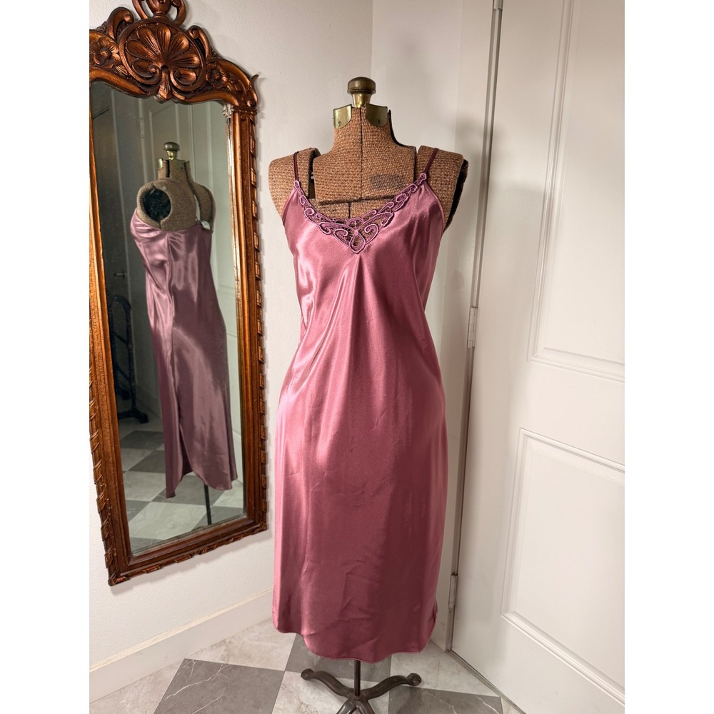 Dentelle Vintage Satin Nightgown Mauve Pink Lace Trim Slip Dress Made in USA S